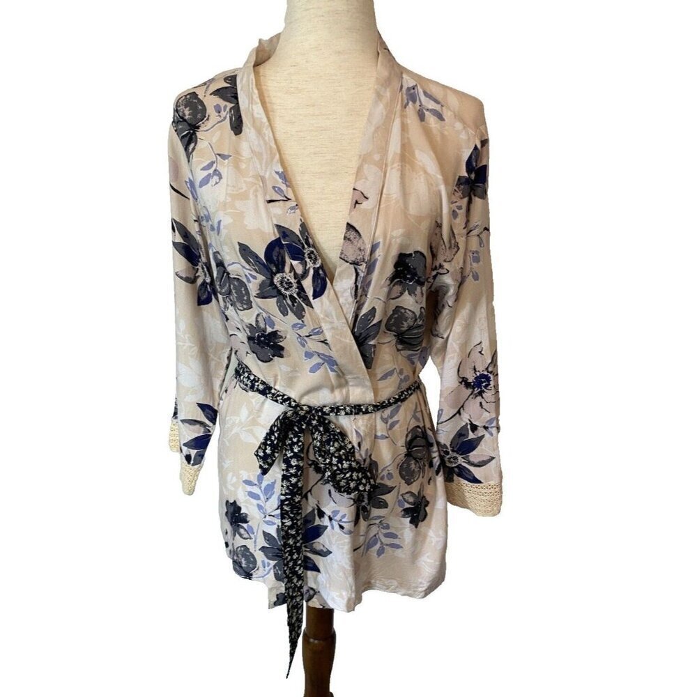 Japna Lounge Kimono Beige Blue Flowy Sz L Cardigan Open Floral Boho Topper